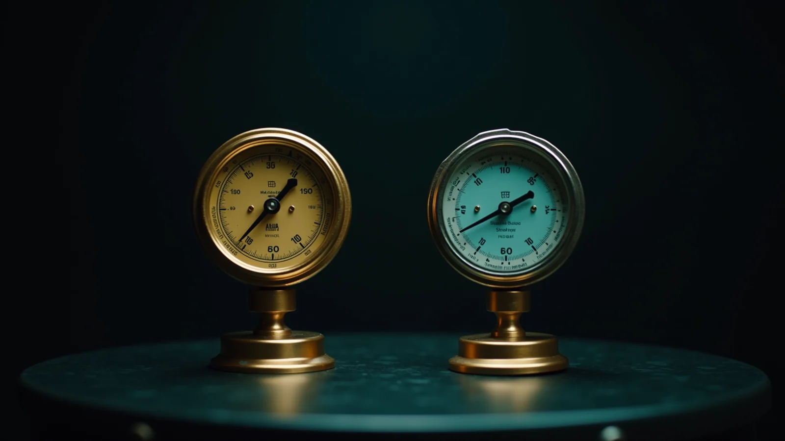 Two brass instrument dials on a dark bench — the left one lit warm gold and climbing, the right one turned face-down and dim under cool teal light, with an empty pedestal between them.