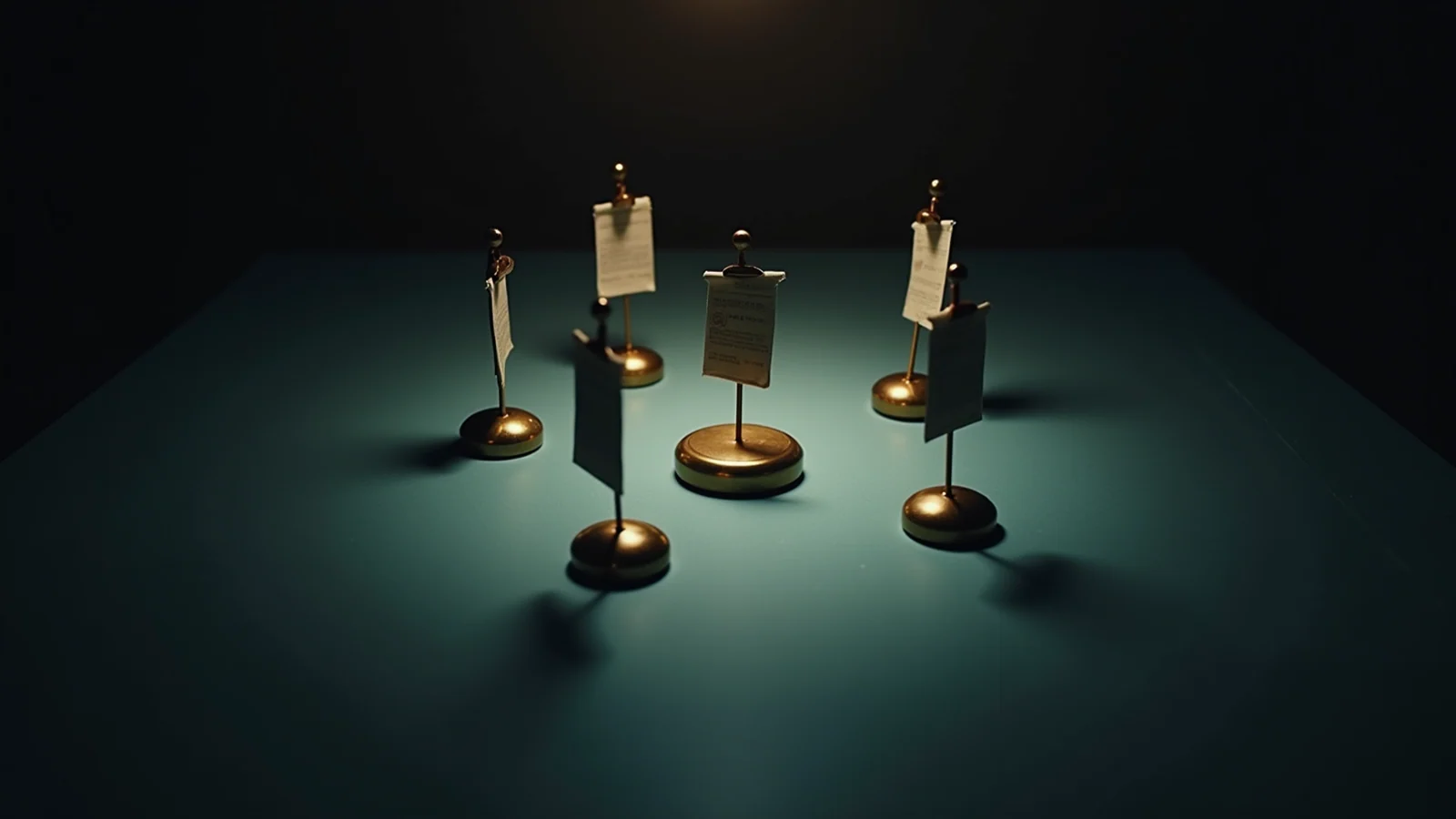 A dark drafting table where fine brass threads run between small lit paperweights, each thread passing through a single pinned document rather than joining the weights directly.