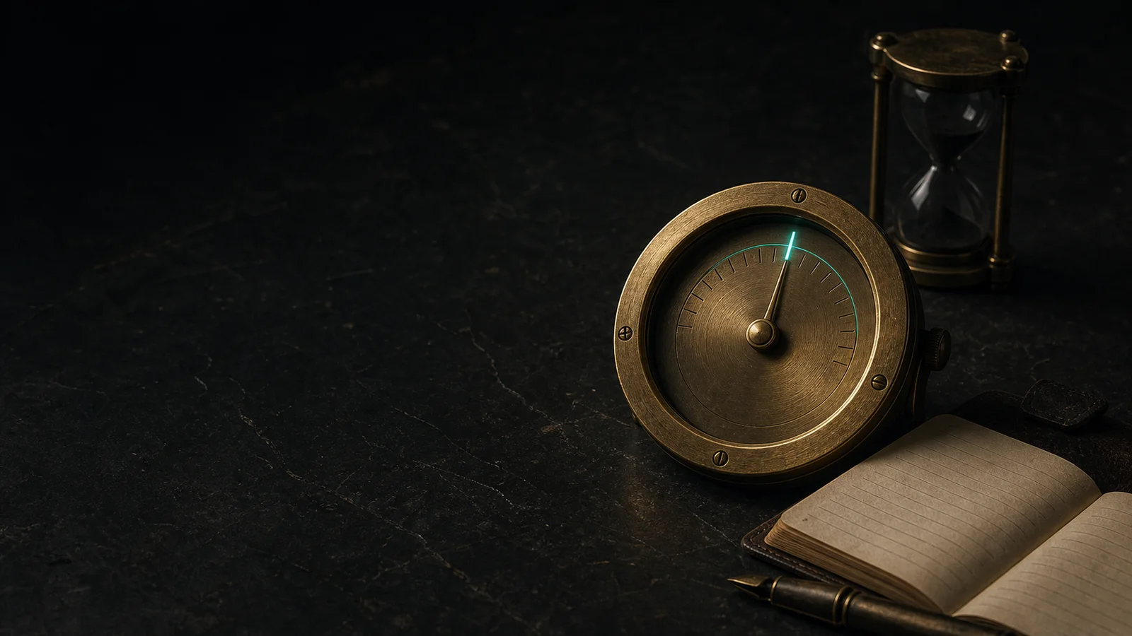 A brass mechanical meter points to a small glowing teal mark beside an unlit hourglass and an open blank notebook on a dark workbench.