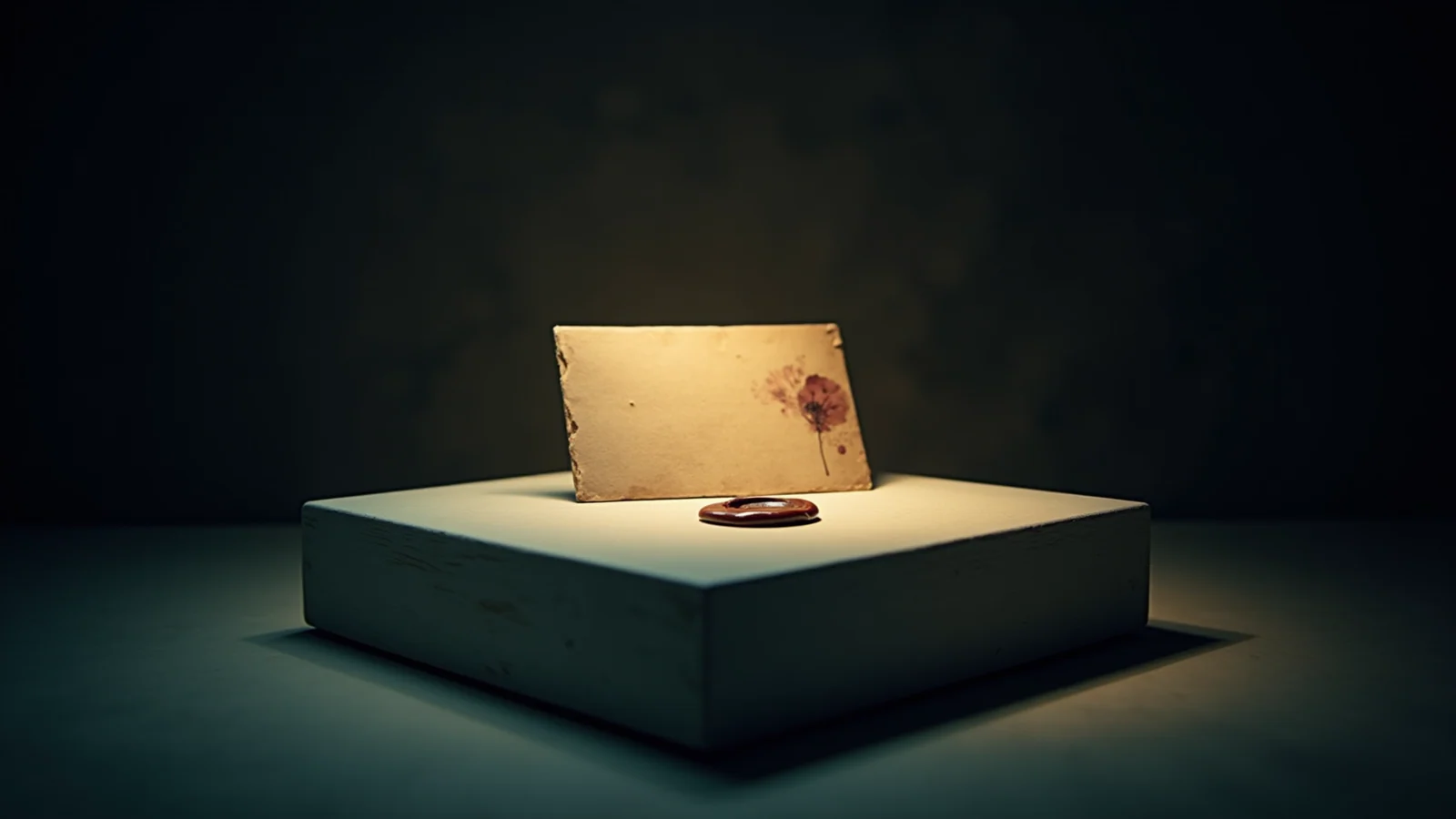 An aged archival record card with a pressed floral mark stands on a pale stone plinth under warm gold light, a red wax seal resting before it, the whole scene edged in cool teal.