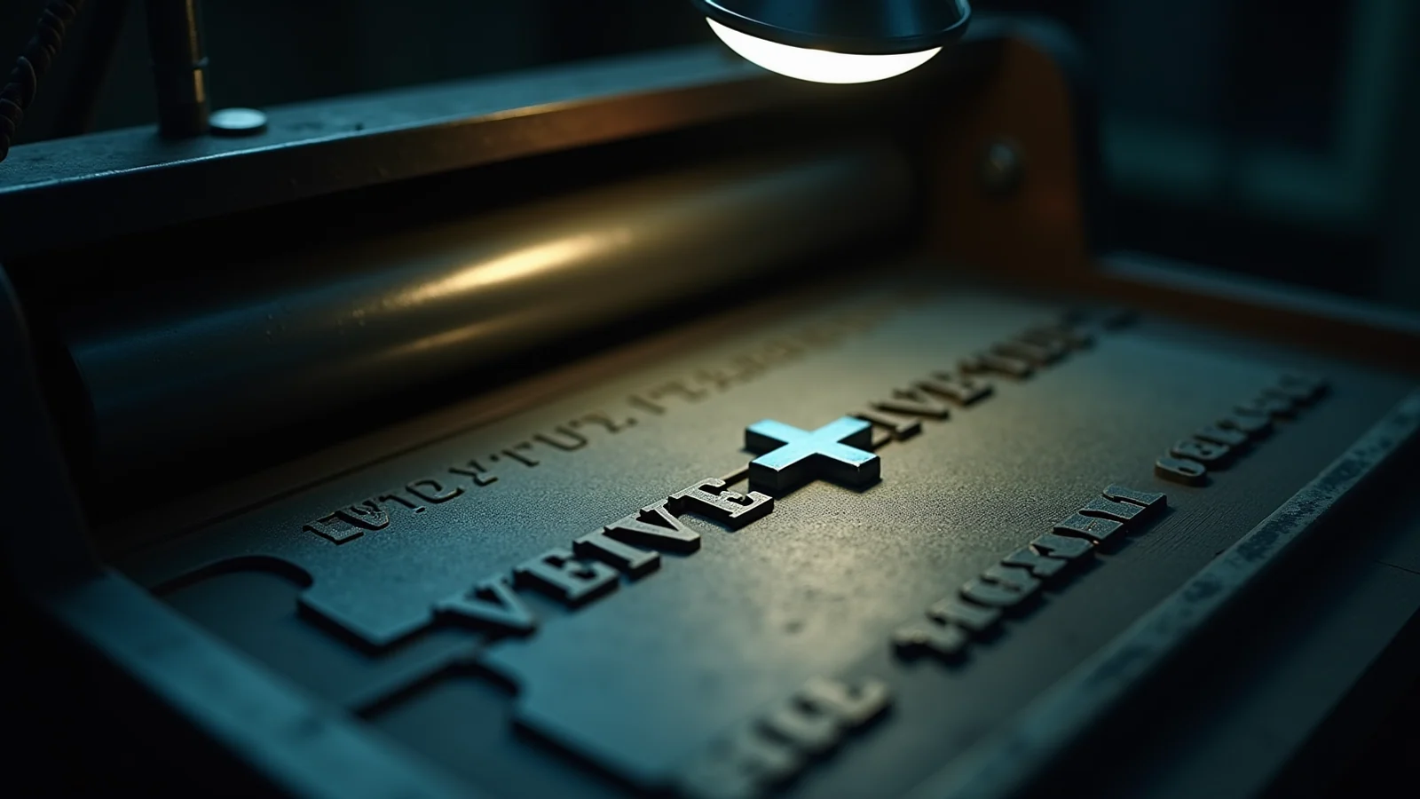 A printer's composing stone in a dark archive under one lamp, a folio rule and a single cool blue register mark set in the metal type, the tray otherwise empty of words.