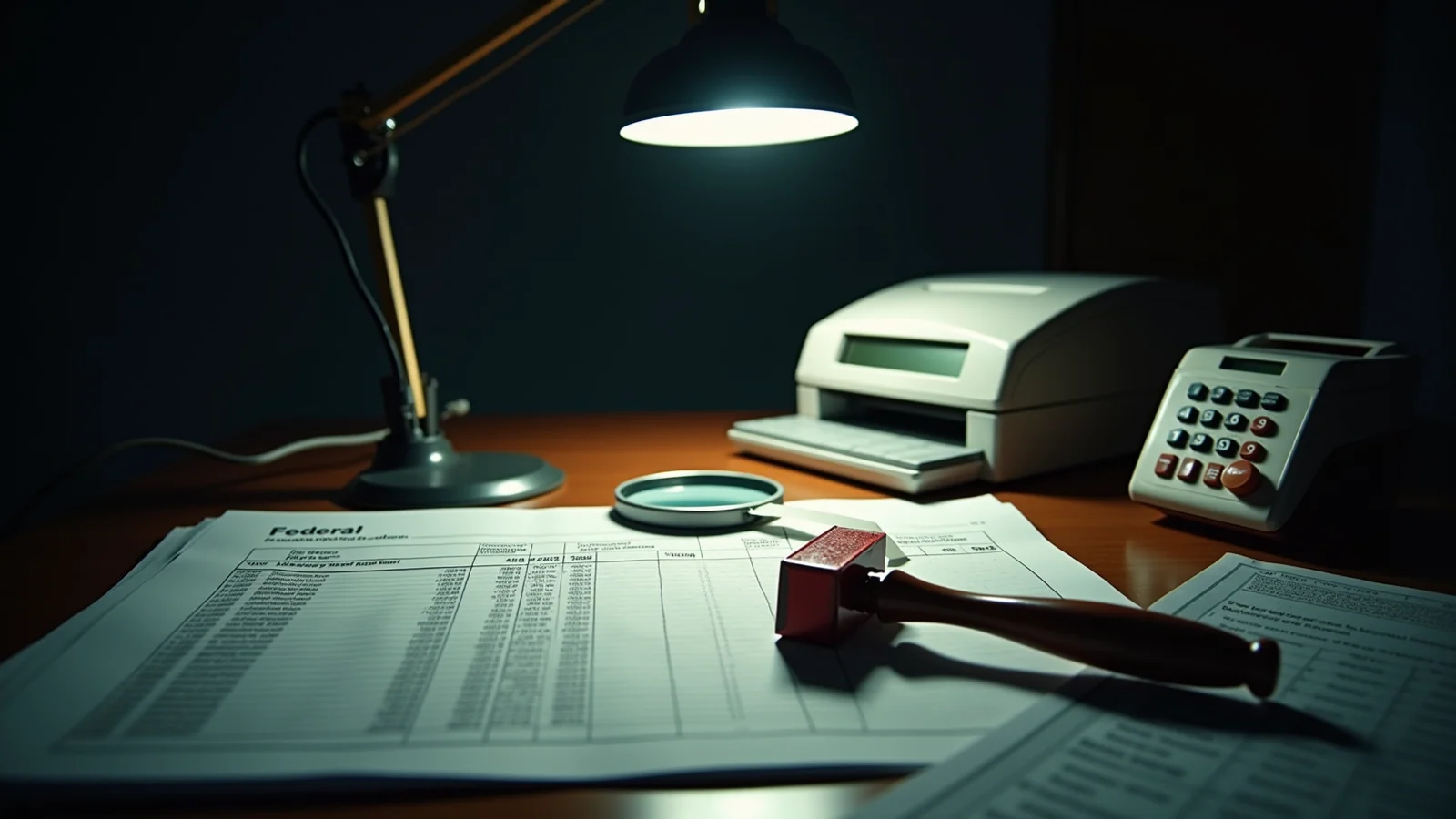 An austere dark federal audit room, one lit desk with tall stacks of payment ledgers, an adding machine, and a magnifier resting over a spreadsheet.
