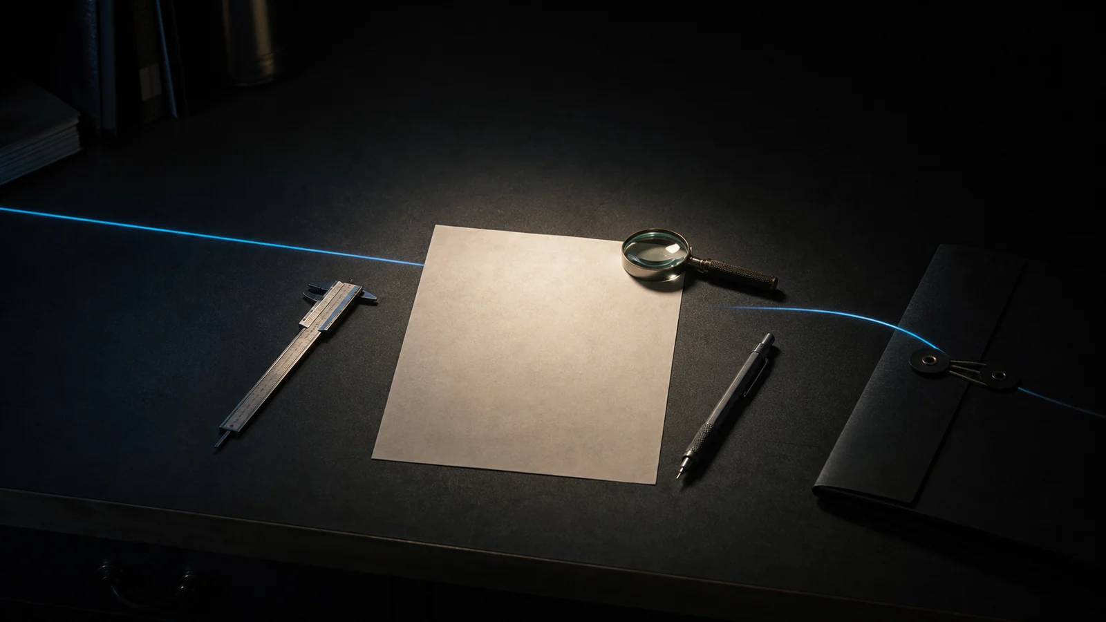 A quiet dark evidence desk with a blank sheet of paper, a steel caliper, magnifying glass, mechanical pencil, sealed folder, and one thin blue line of light crossing the surface.