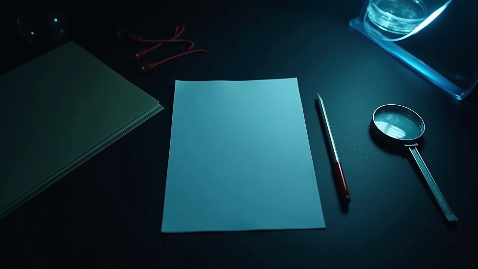 A quiet dark evidence desk with a blank sheet of paper, a steel caliper, magnifying glass, mechanical pencil, sealed folder, and one thin blue line of light crossing the surface.