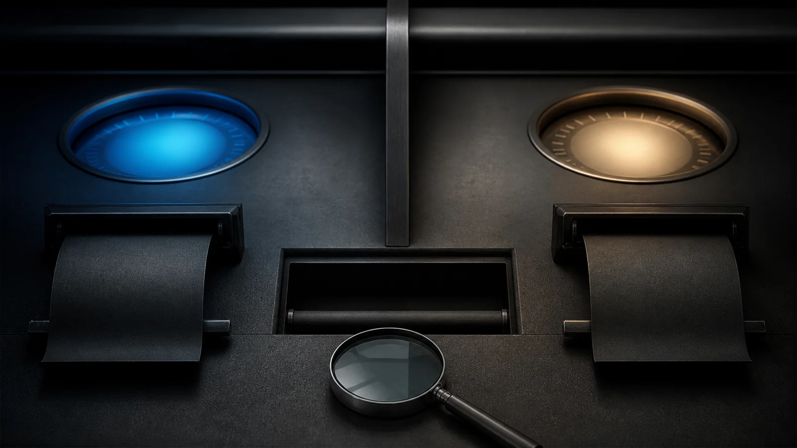 A quiet dark operations desk with two separate illuminated instrument dials, one cool blue and one warm gold, separated by a steel divider and an empty receipt slot.