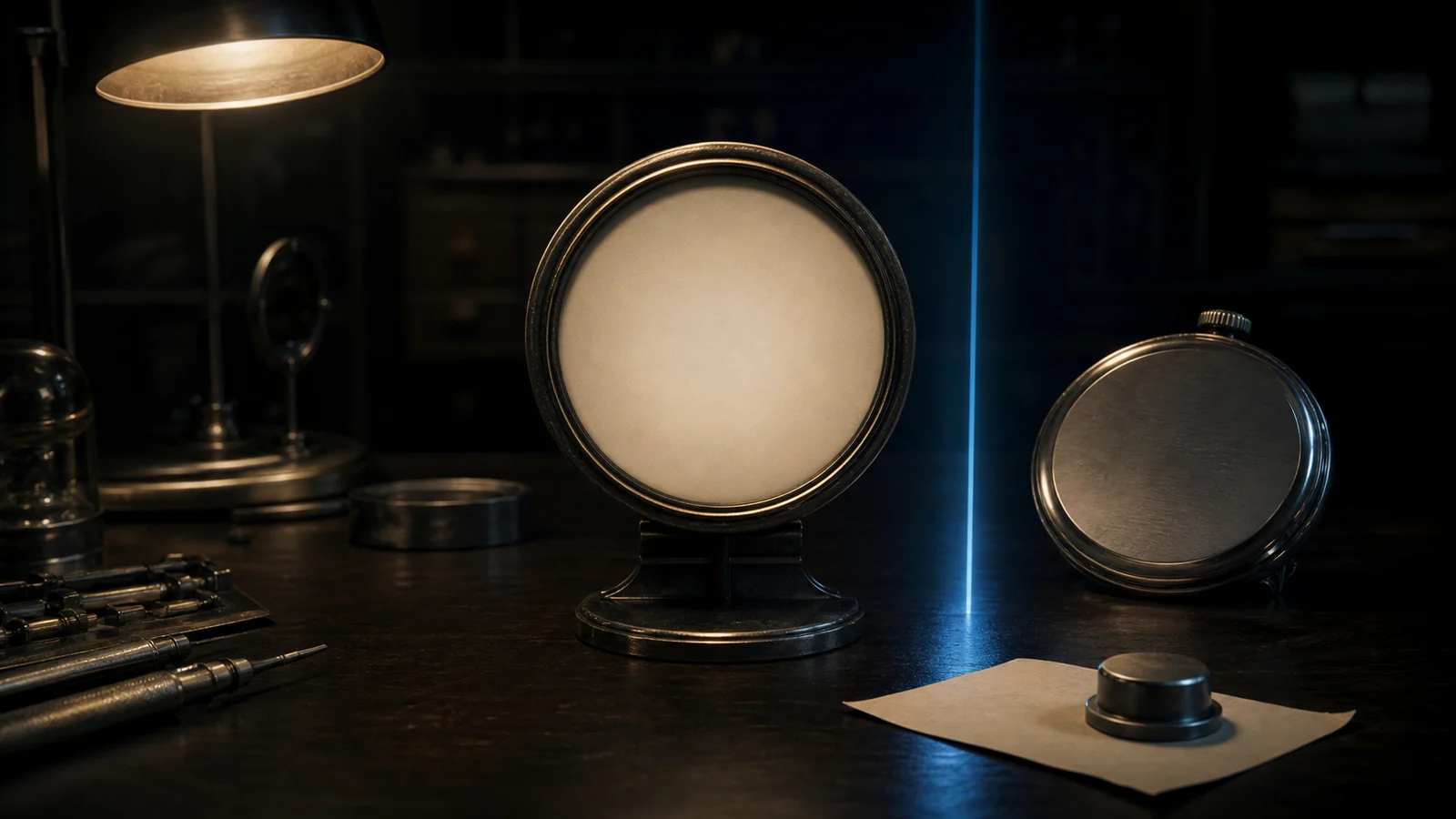 A dark archive watch desk with a large unmarked circular gauge, an unmarked clock case beside it, a blank paper receipt under a steel weight, and a cool blue light separating the instruments.