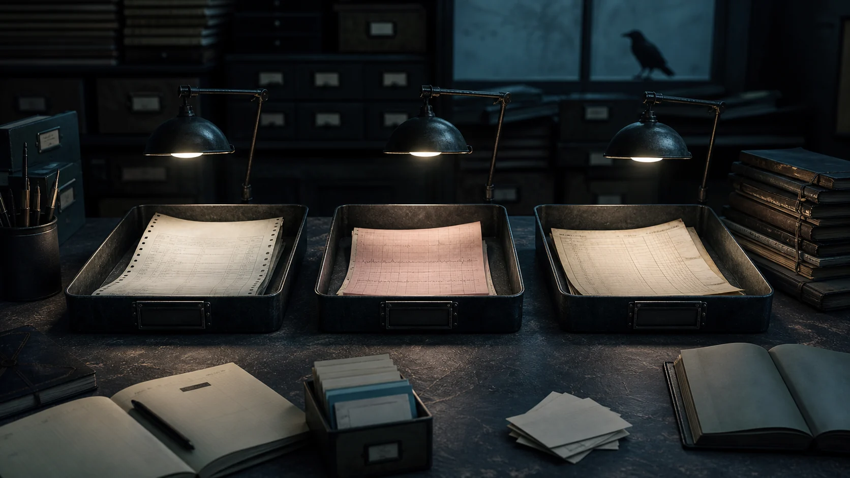 A quiet editorial desk with three shallow metal trays labeled launch, health, and case record, each holding a different kind of paper receipt under separate task lights.