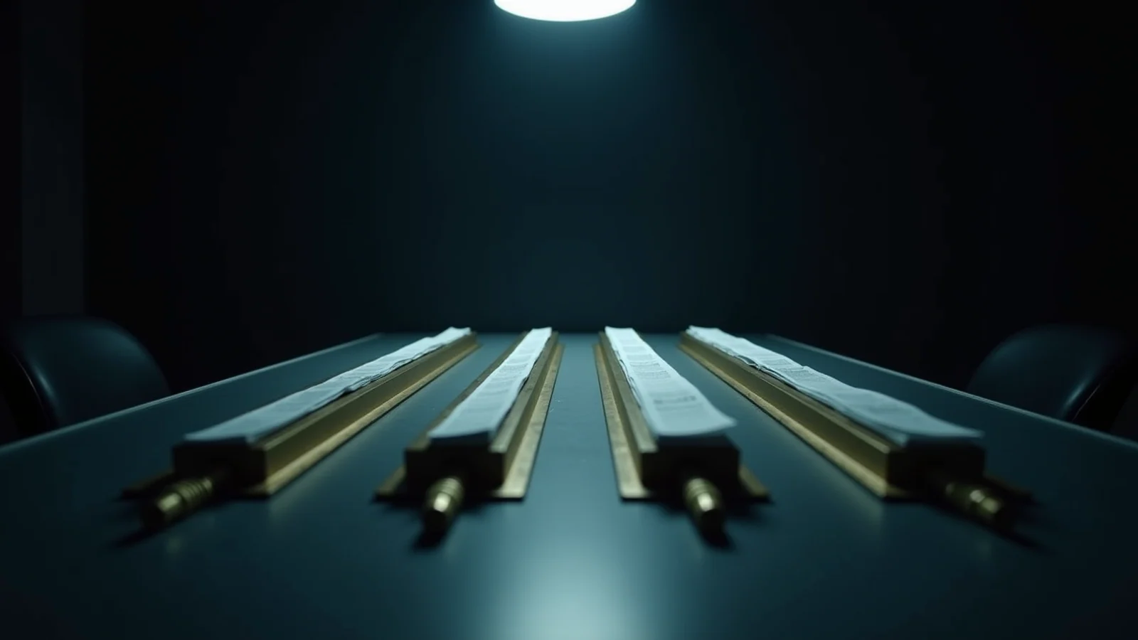 A dark control desk photographed low and wide, parallel steel rails running away from the camera into shadow, each carrying its own separate stack of documents.
