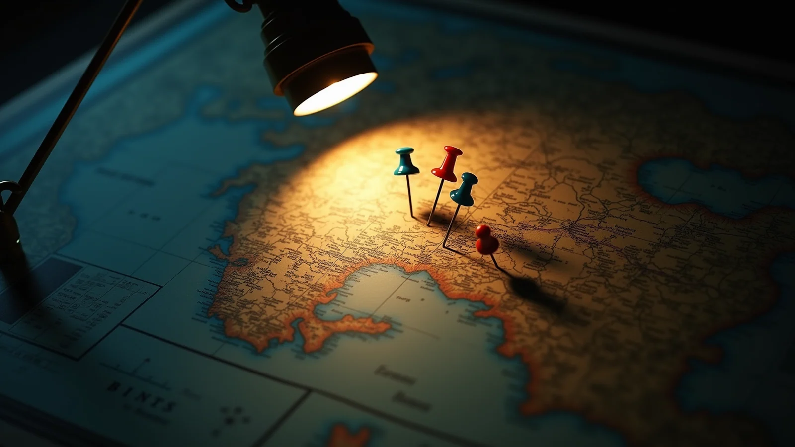 A large paper map on a dark desk under one angled lamp, three coloured pins clustered inside the pool of light and the rest of the map falling away into shadow.
