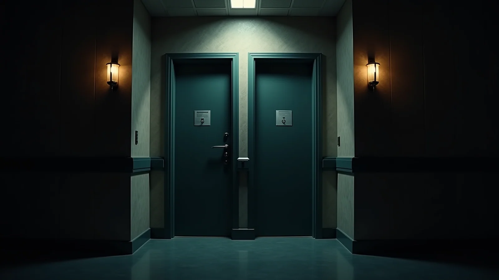 Two identical doors side by side in a dark corridor, each lit by its own wall lamp so the two pools of light never touch, with a band of shadow between them.
