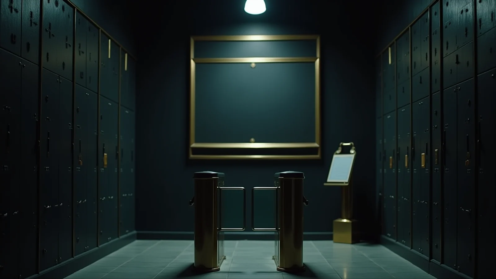 A dark records hall with a brass access gate standing open, an empty placard holder beside it, and a large brass-framed slate board on the wall wiped completely blank.