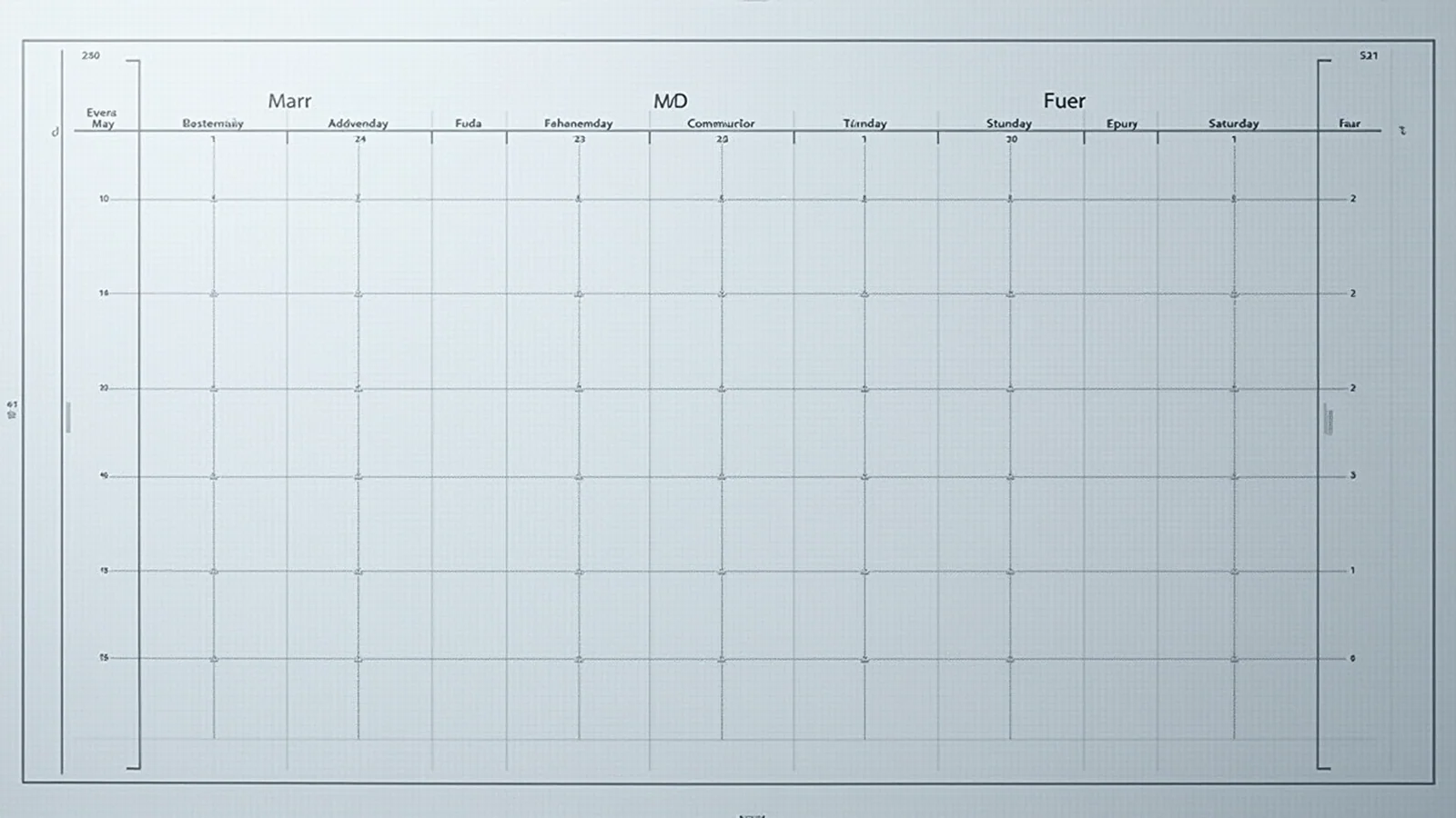 A draughtsman's blueprint of a wall calendar, every cell of the grid drawn in precise line-work and every cell left completely empty.