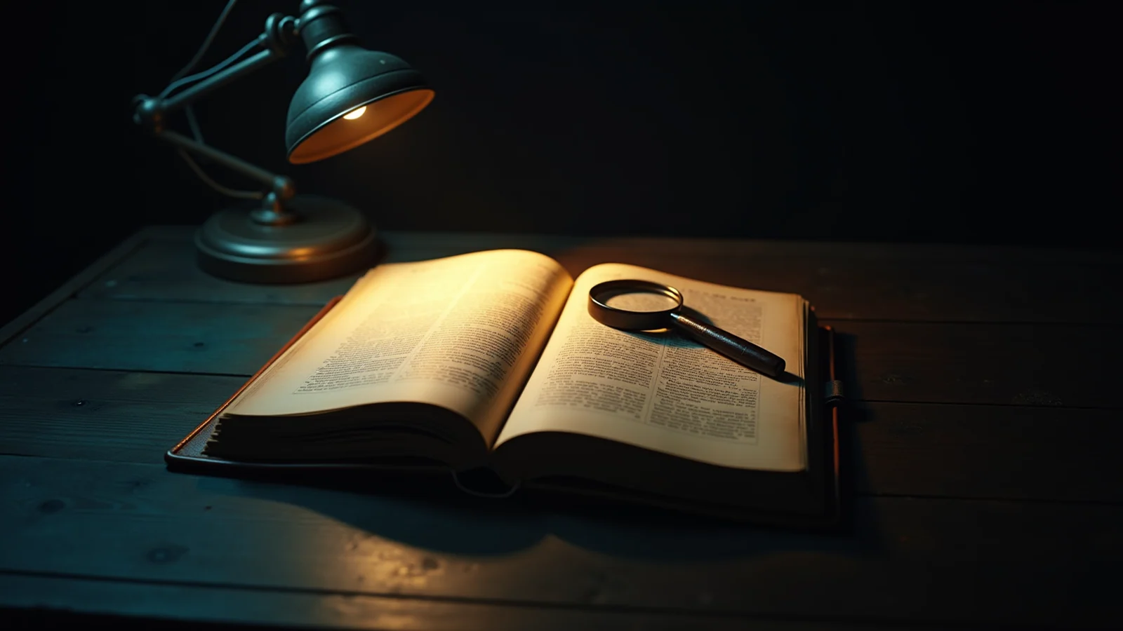 A dark archive desk holding two identical open ledgers under one lamp, the nearer one being read closely while the further one lies open and unexamined in shadow.