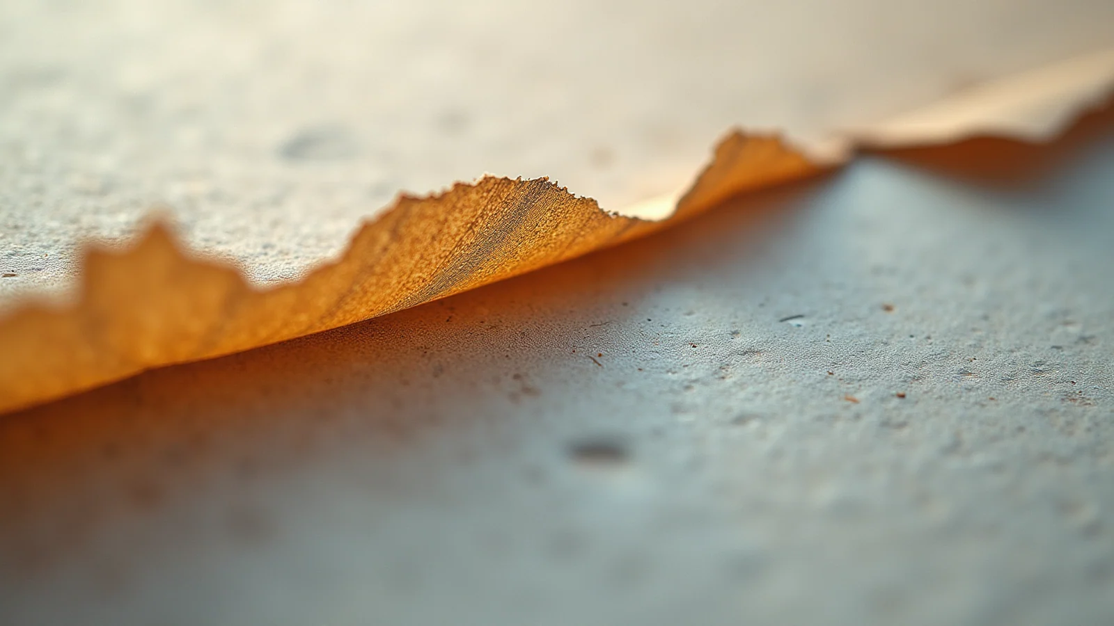 Extreme macro of a torn paper edge, the fibres along one side in razor-sharp focus and the surface beyond it dissolving completely out of focus.