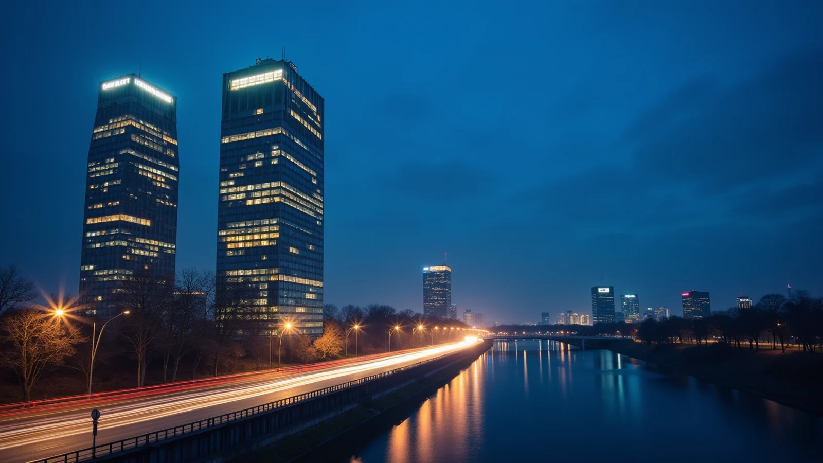A blue-hour city seen from across a river, two office towers standing side by side with one lit far more brightly than the other, traffic light-trails streaking along the near bank.