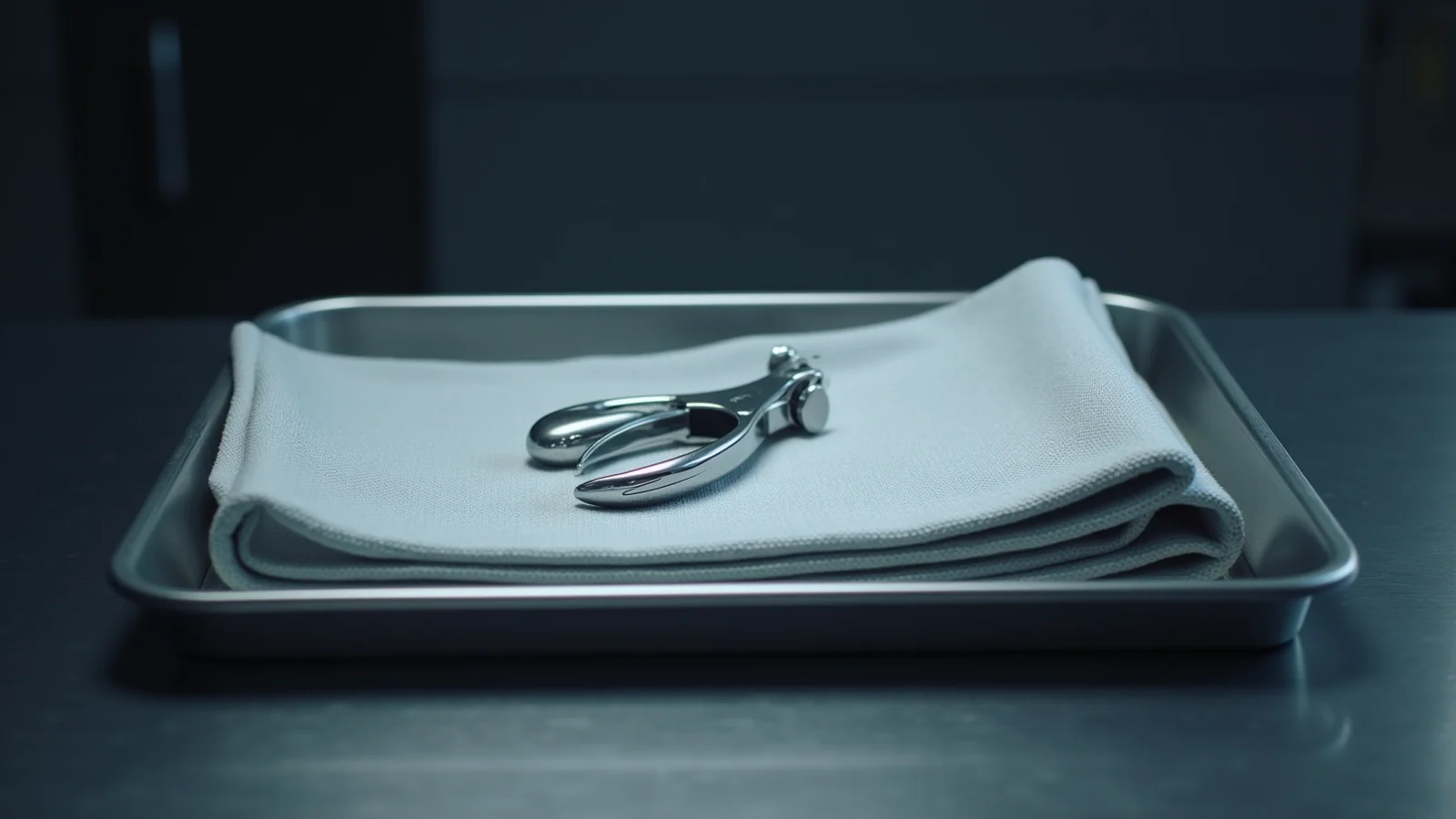 A small polished steel surgical clamp resting on a folded pale cloth in a brushed steel instrument tray, lit cold against a dark background.