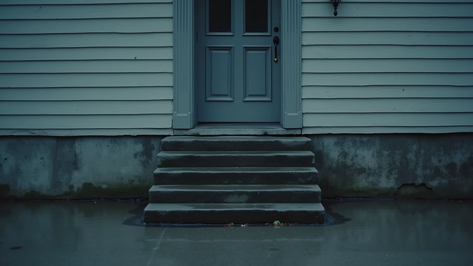 Water covers the ground below the steps of a blue-sided house.