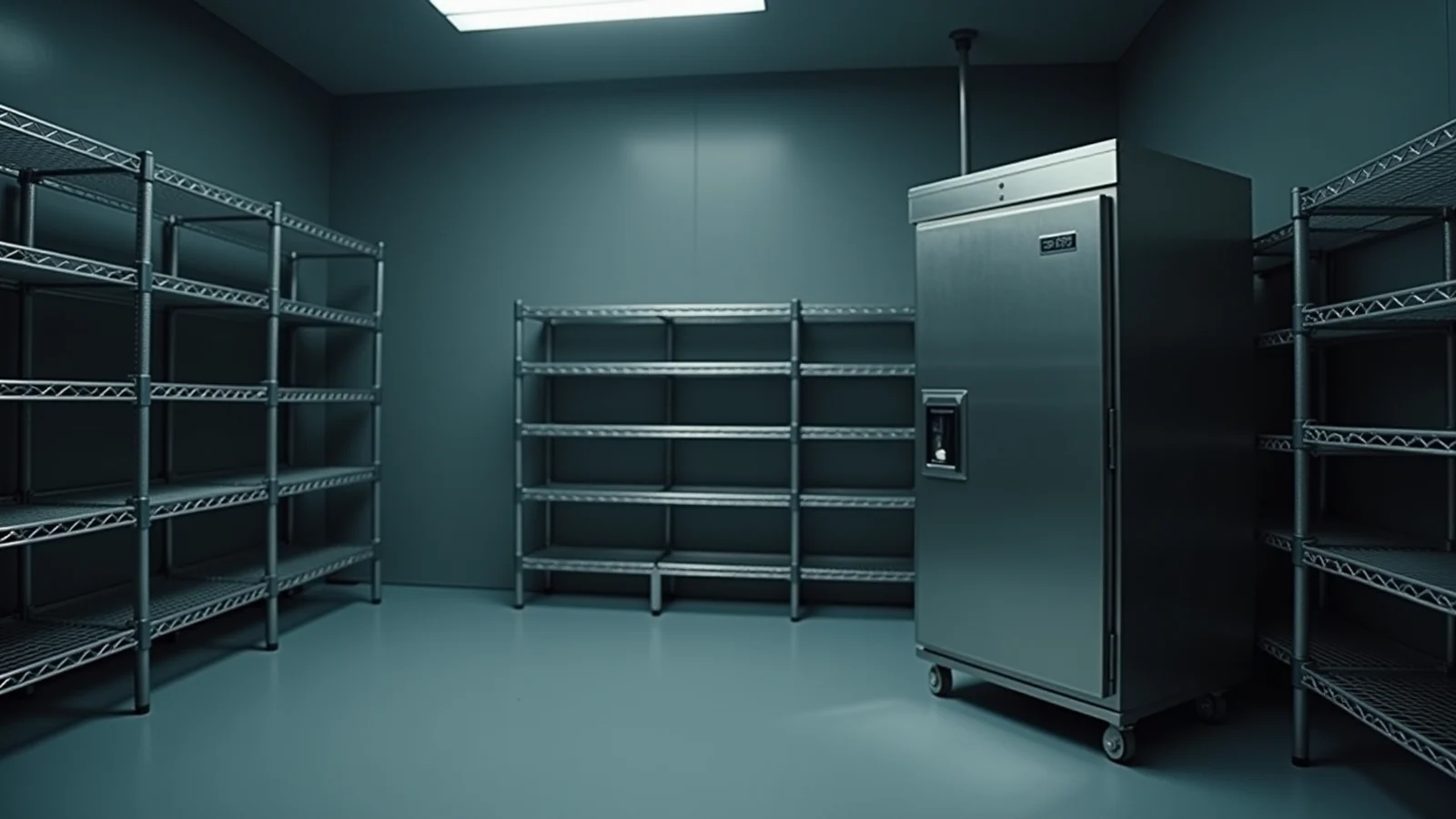 A tall stainless steel laboratory cabinet standing among empty wire shelving racks in a dim, cleared-out room.