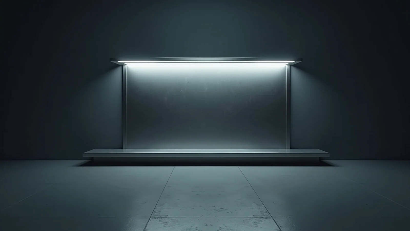 A long empty retail display shelf lit from beneath its own strip light, standing on a bare concrete floor in an otherwise dark room.