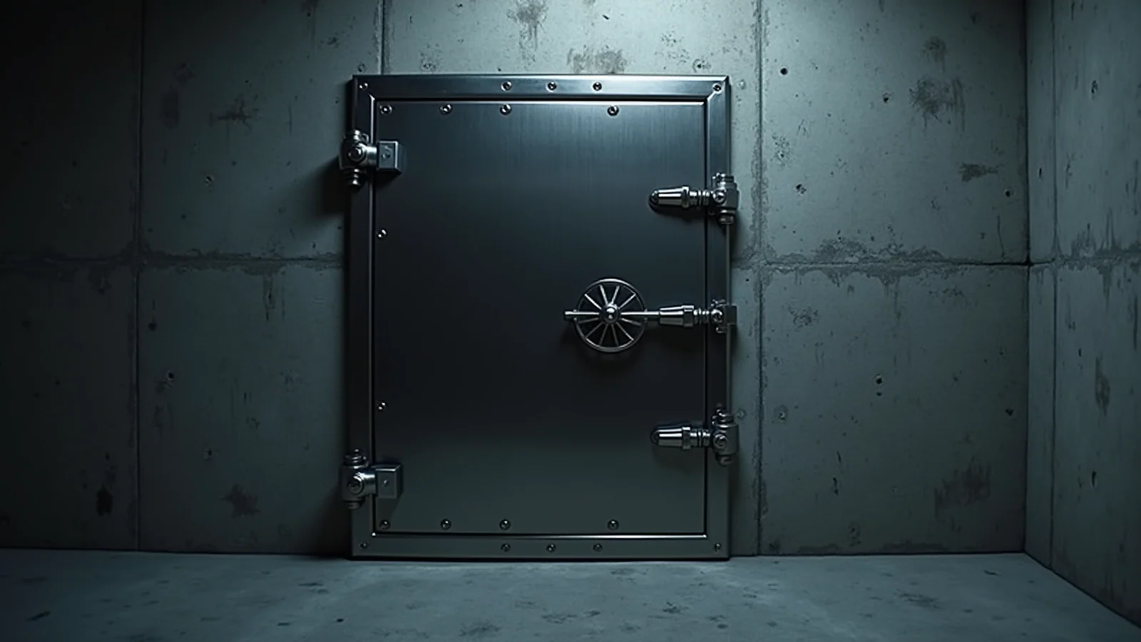 A heavy steel vault door set flush in a bare concrete wall, closed, with a spoked handwheel and two lever handles.