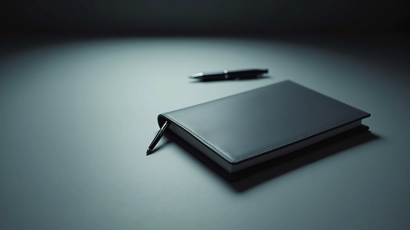 A closed dark leather signing portfolio lying shut on a pale grey desk with a single pen beside it, under one cold overhead light.