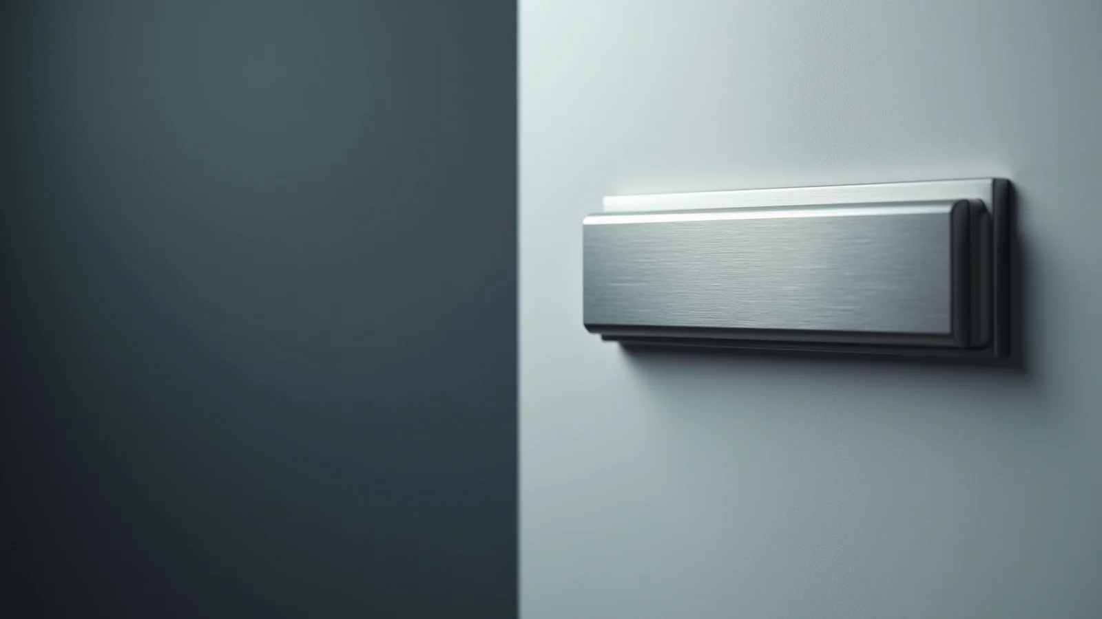 An empty brushed steel nameplate holder mounted on a pale grey wall, its face blank, lit cold from one side with the wall dark to its left.