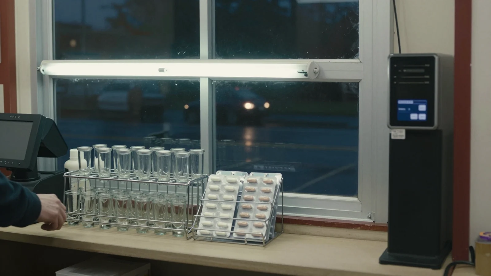 A wire rack of small glass vials and blister packs of tablets beside a register on a convenience-store counter at night, a customer's hand reaching toward it, a rain-wet parking lot through the window.