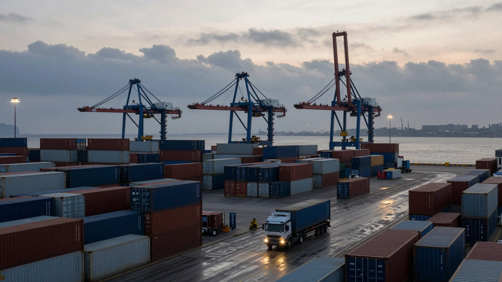 A container port at dusk: stacks of shipping containers beneath gantry cranes, and a truck hauling a container across the wet yard with its headlights on.