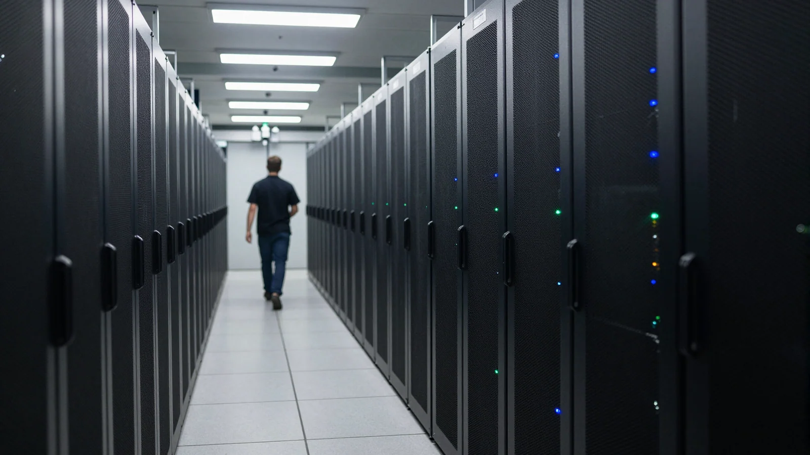 A long data-center aisle between rows of black server racks with small blue and green lights, a technician walking away at the far end.