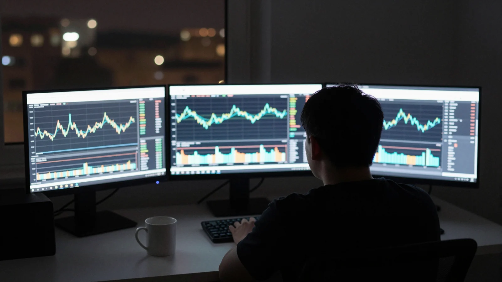 A person seen from behind at night before three monitors showing price charts, a mug on the desk and city lights through the window.