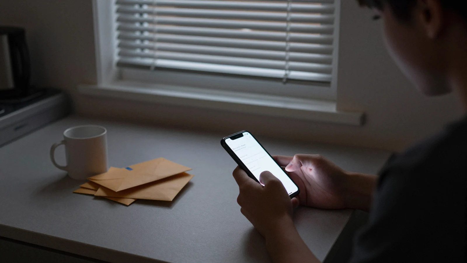 A young person seen from behind at a kitchen table at night, reading a phone lit in their hands beside a small stack of envelopes and a mug.