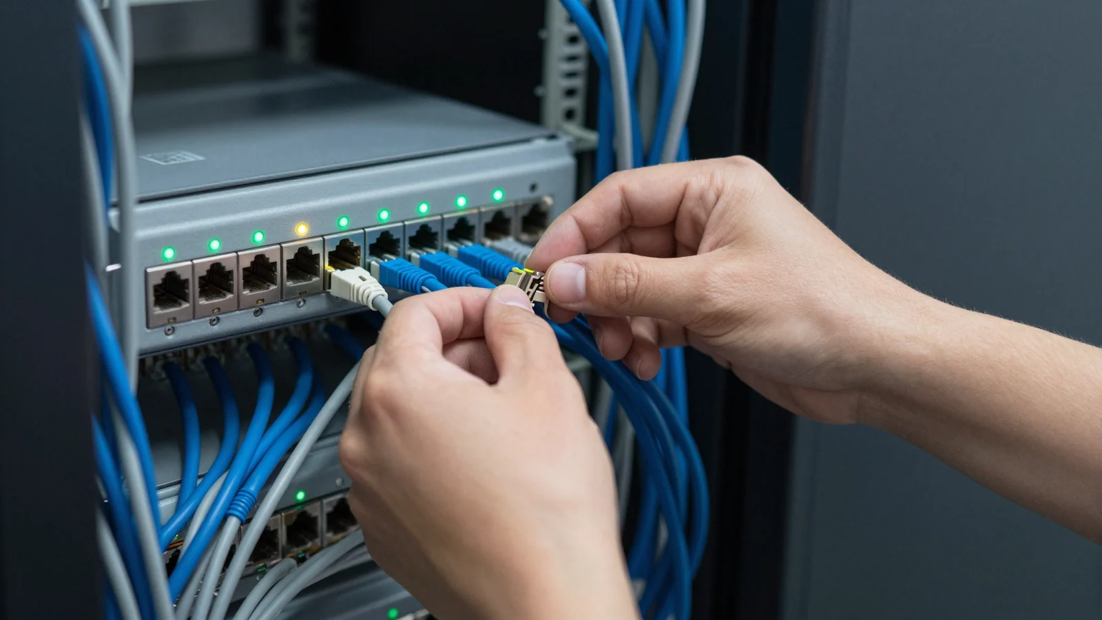 Close view of hands moving a blue network cable between ports on a patch panel, green link lights glowing.