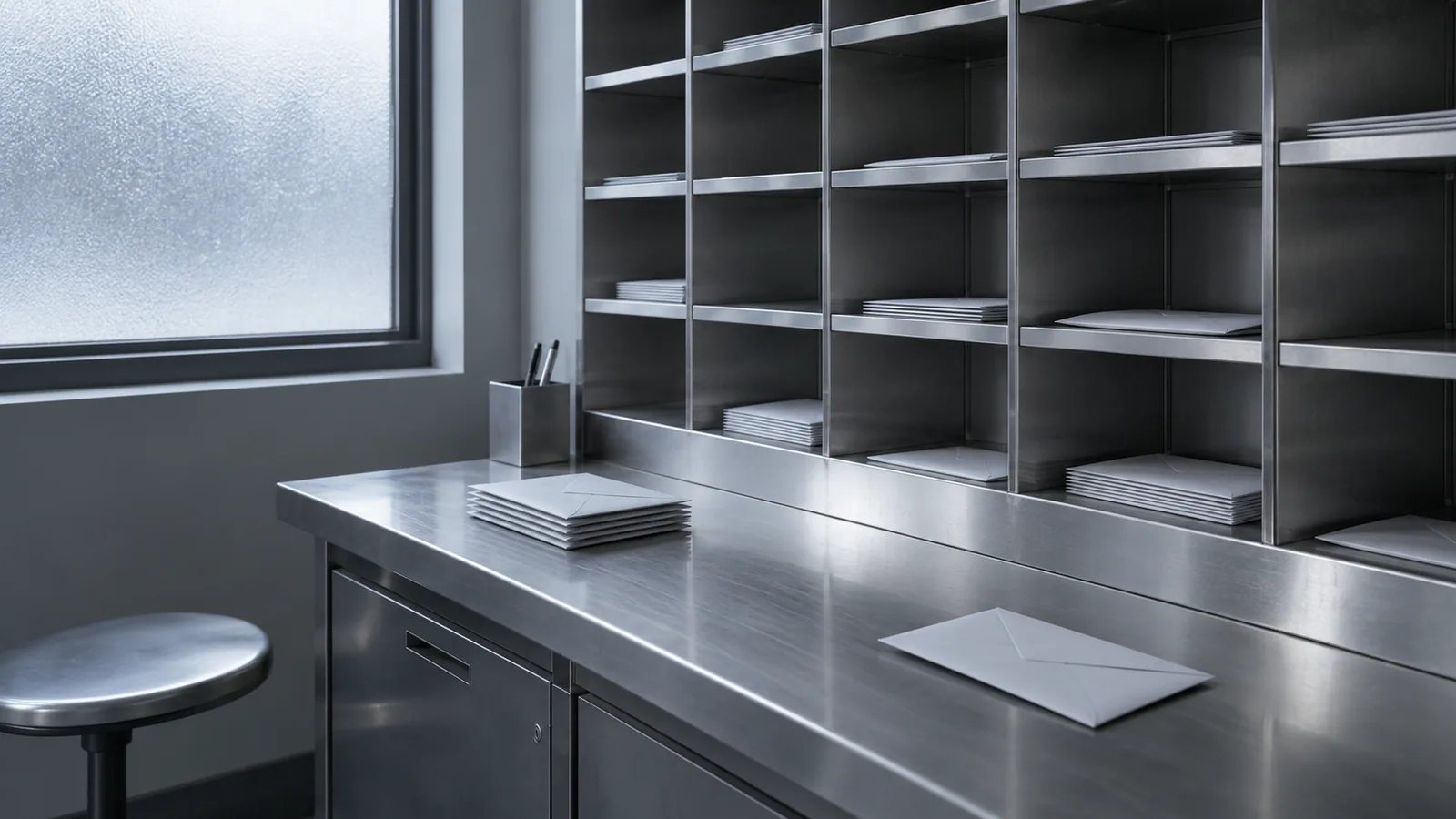 An empty grey office counter with plain envelopes, open sorting shelves and a frosted side window.