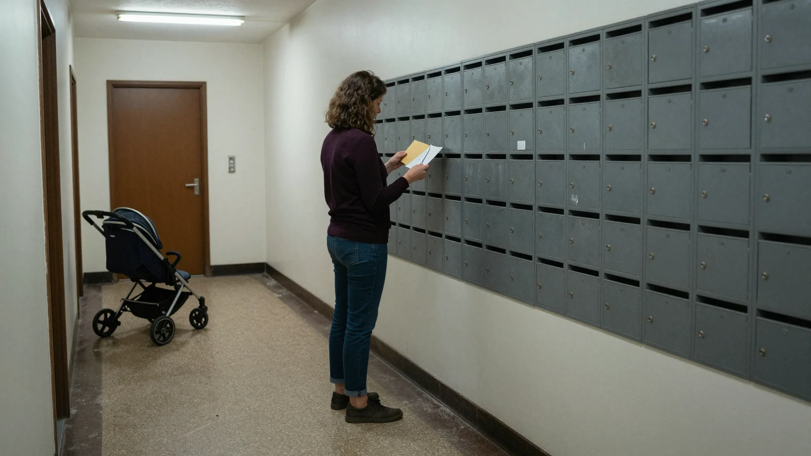 A woman seen from behind at a wall of grey metal mailboxes in an apartment hallway, reading an opened letter, a stroller parked by the door.