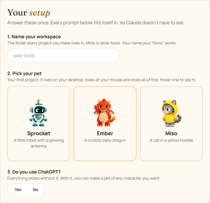 The prepared setup page offers a workspace name and three starter pets: Sprocket the robot, Ember the dragon and Miso the cat.