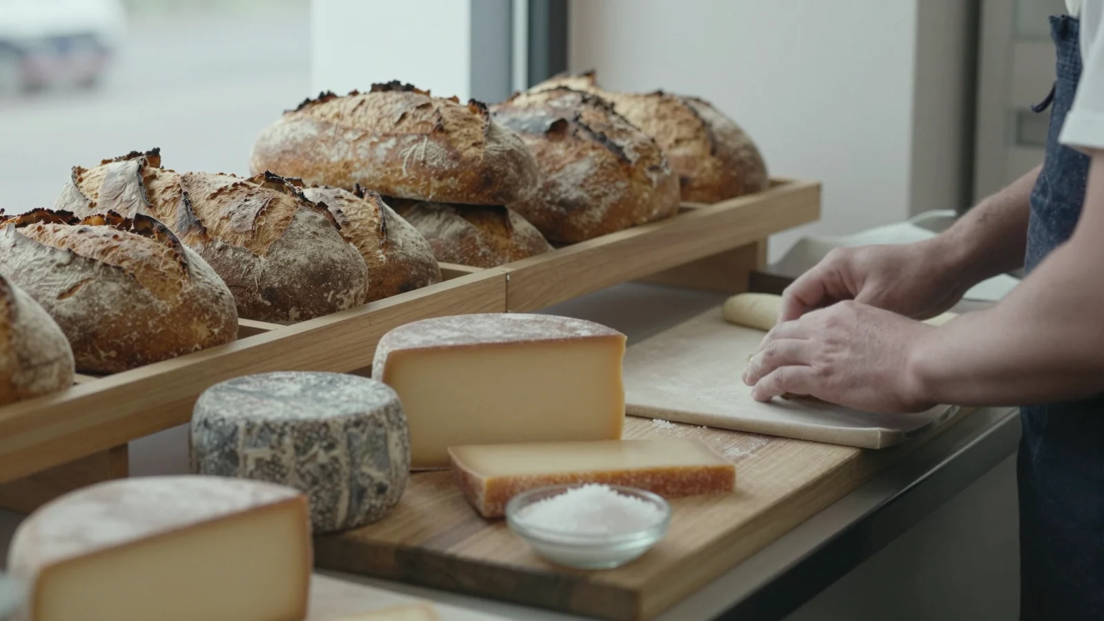 Crusty loaves of bread on a wooden rack and blocks of hard cheese on a board beside a small dish of coarse salt, as a baker's hands shape dough.