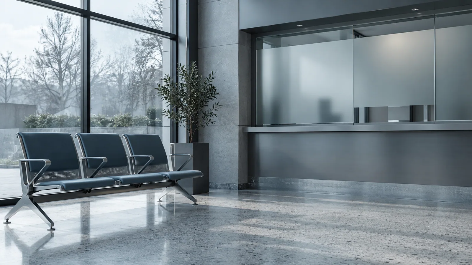 Three empty blue-grey waiting seats beside a frosted-glass service counter and tall windows.