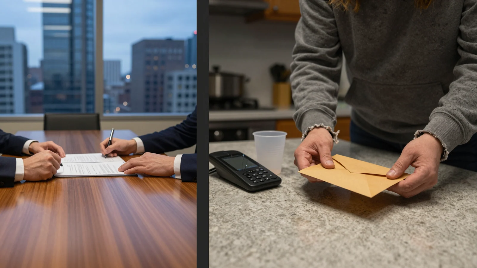 A diptych: on the left, hands in suit cuffs signing a document at a boardroom table high above a city; on the right, hands in a frayed grey sweatshirt holding an opened envelope at a kitchen counter.