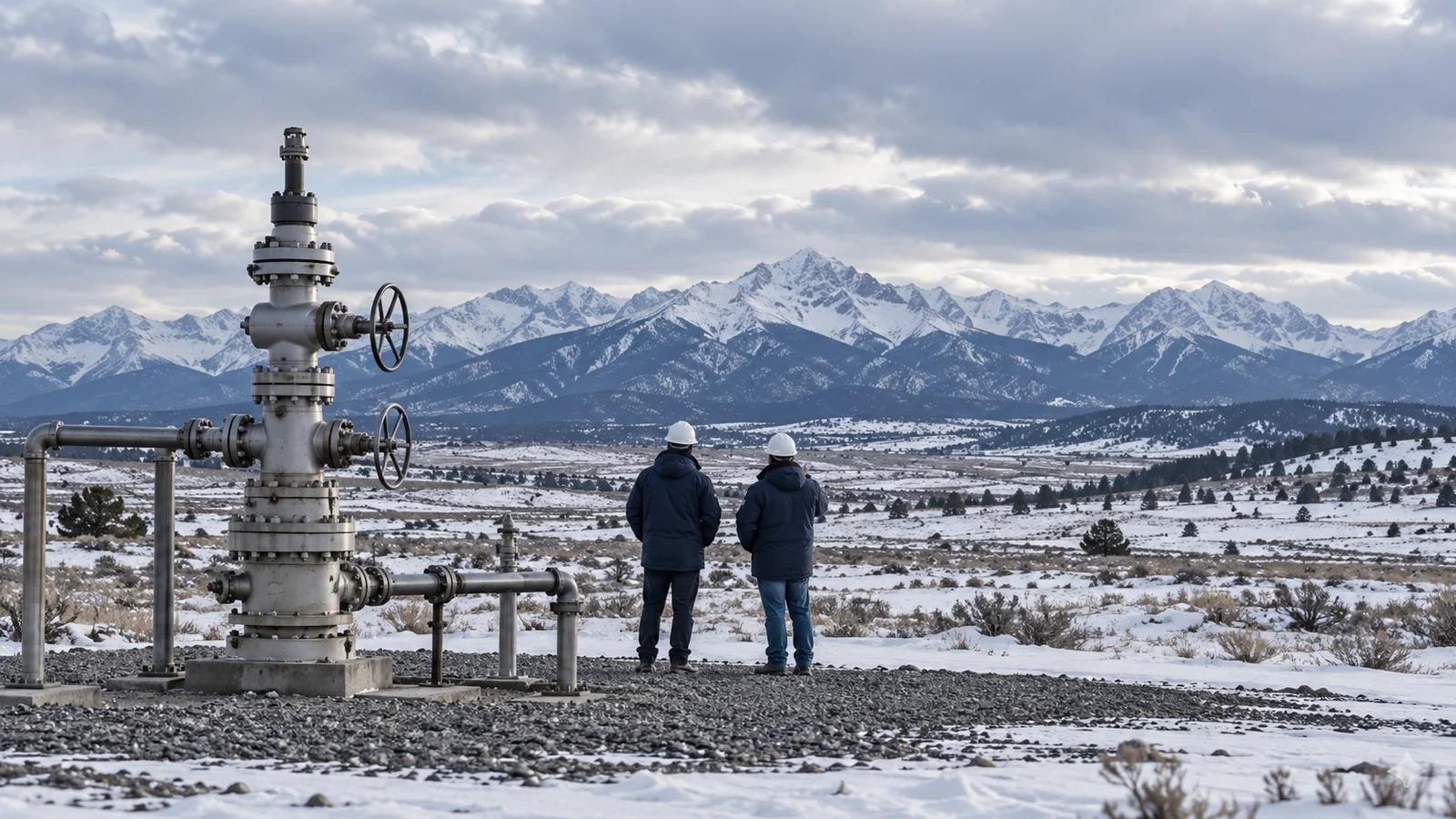 Two field workers seen from behind beside a wellhead on a snow-dusted plateau below mountain peaks.