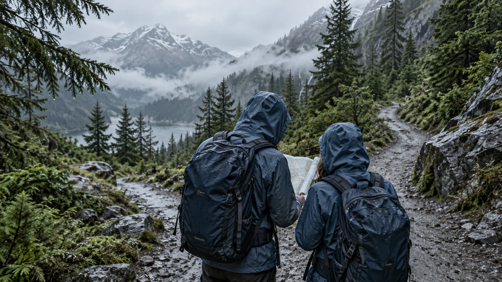 Two people in rain jackets seen from behind reviewing a map at a wet forest trail junction, with mountains beyond the trees.
