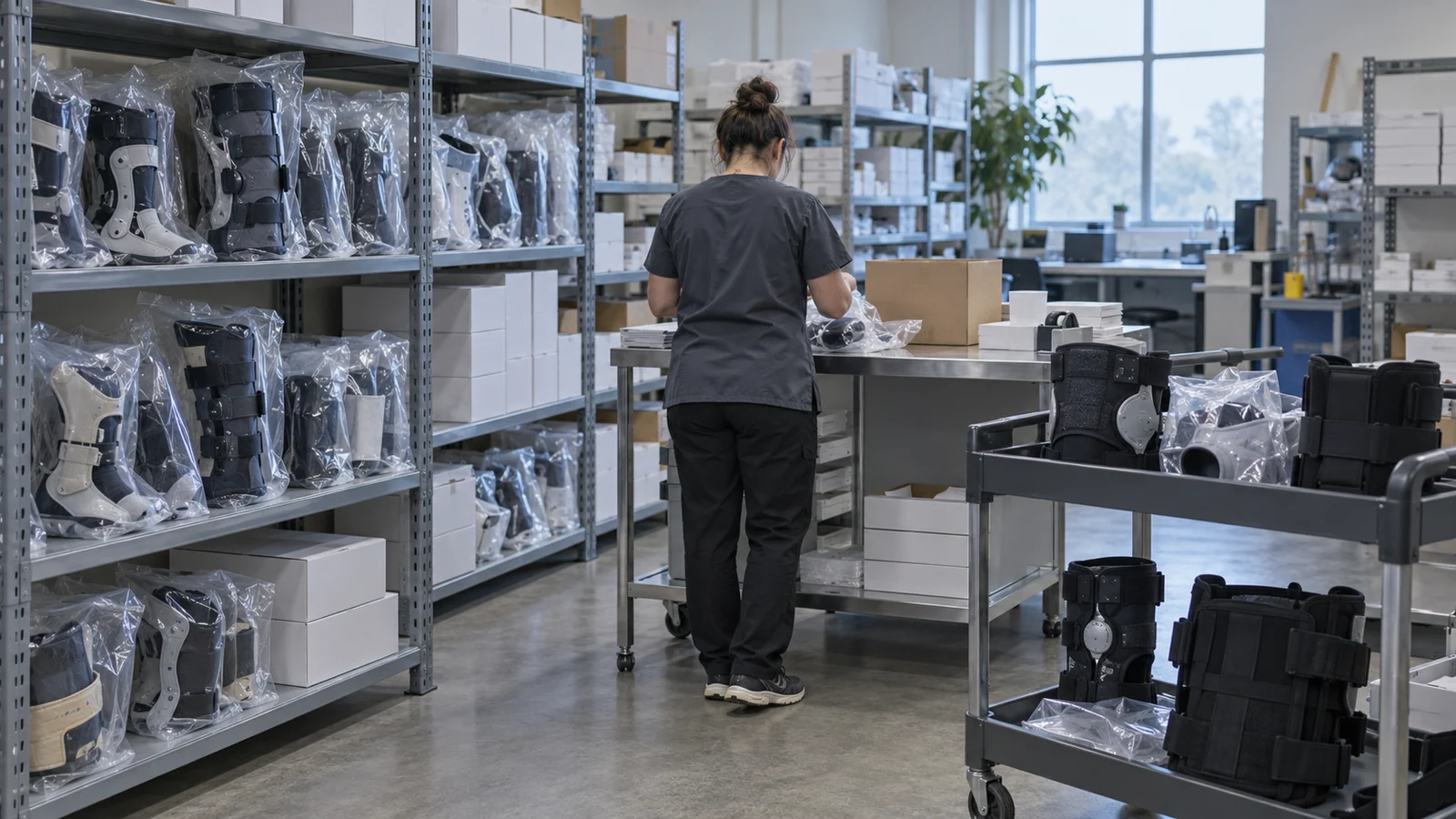 A worker at a packing table between shelves and carts holding packaged orthotic braces and plain cartons.