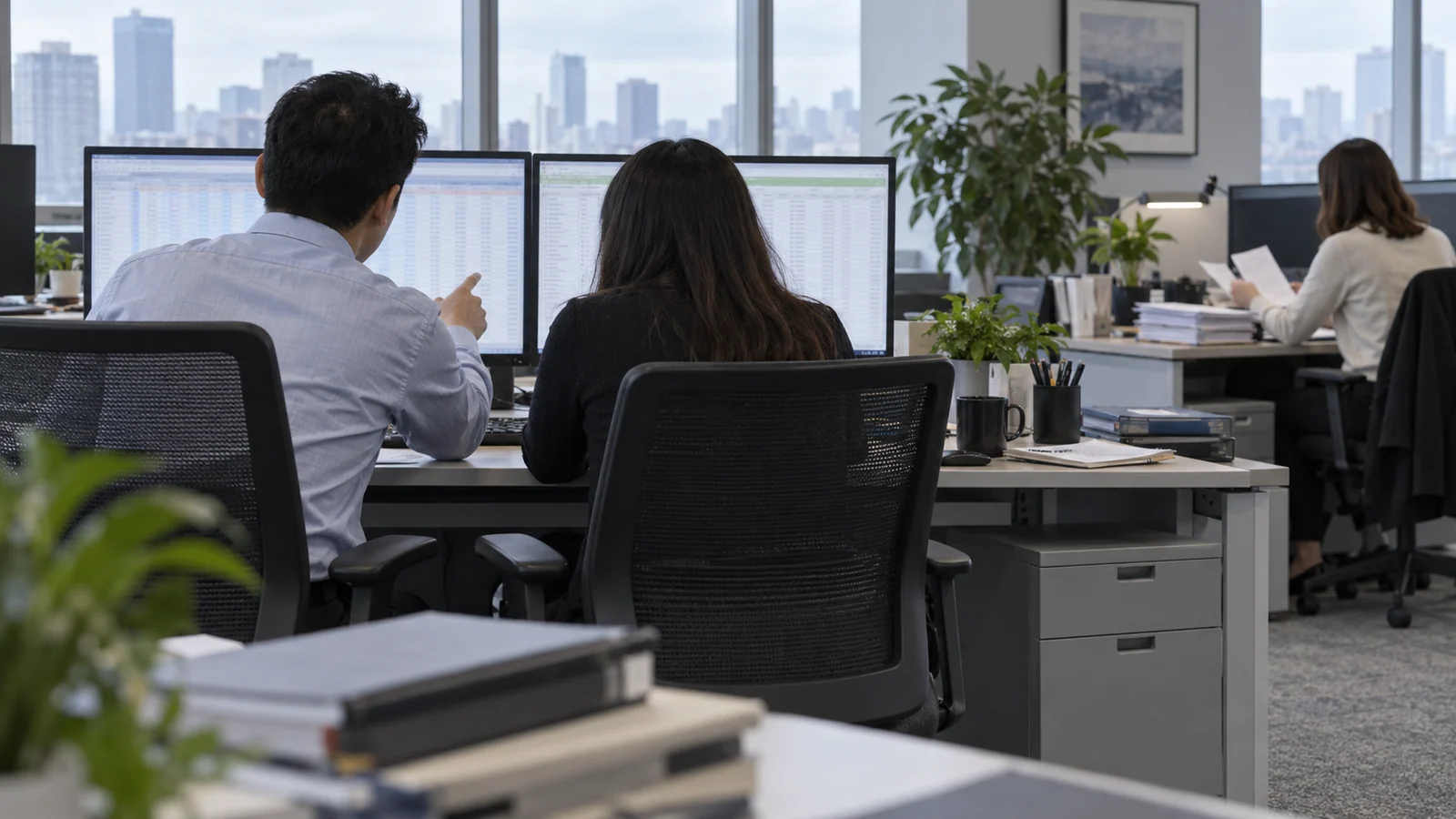 Office staff seen from behind comparing indistinct spreadsheet screens at desks beside tall windows.
