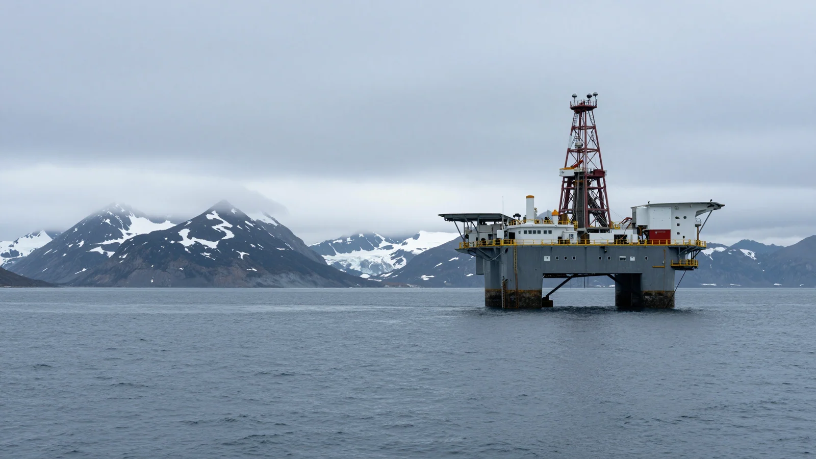An offshore platform in grey-blue water with snow-covered mountains beneath low cloud.