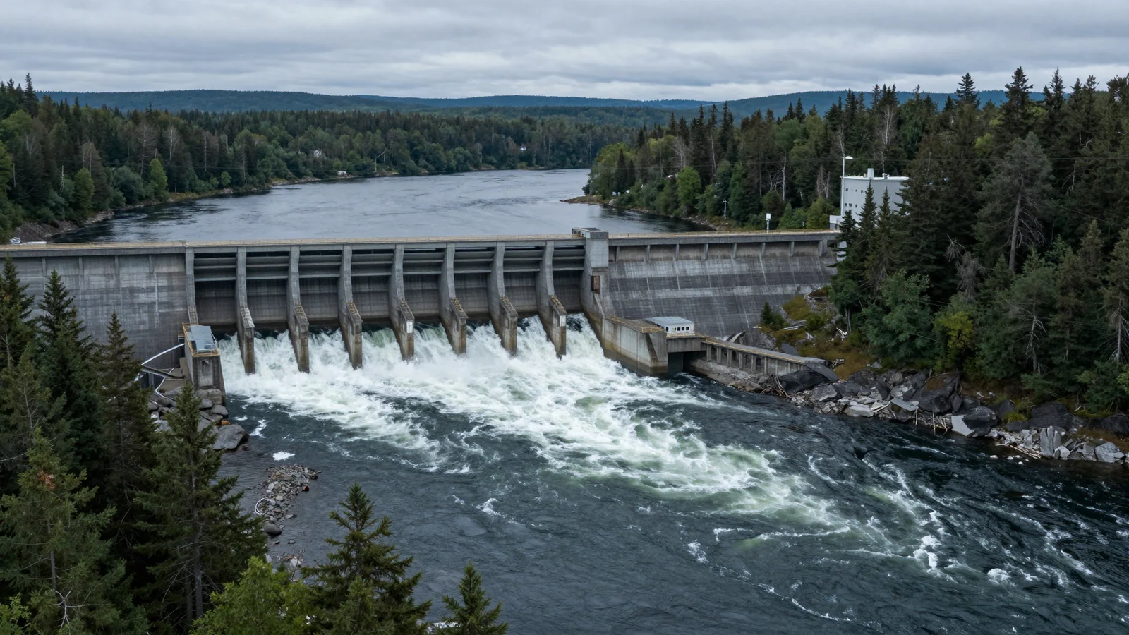 Water flowing through a concrete dam into a river bordered by evergreen forest under an overcast sky.