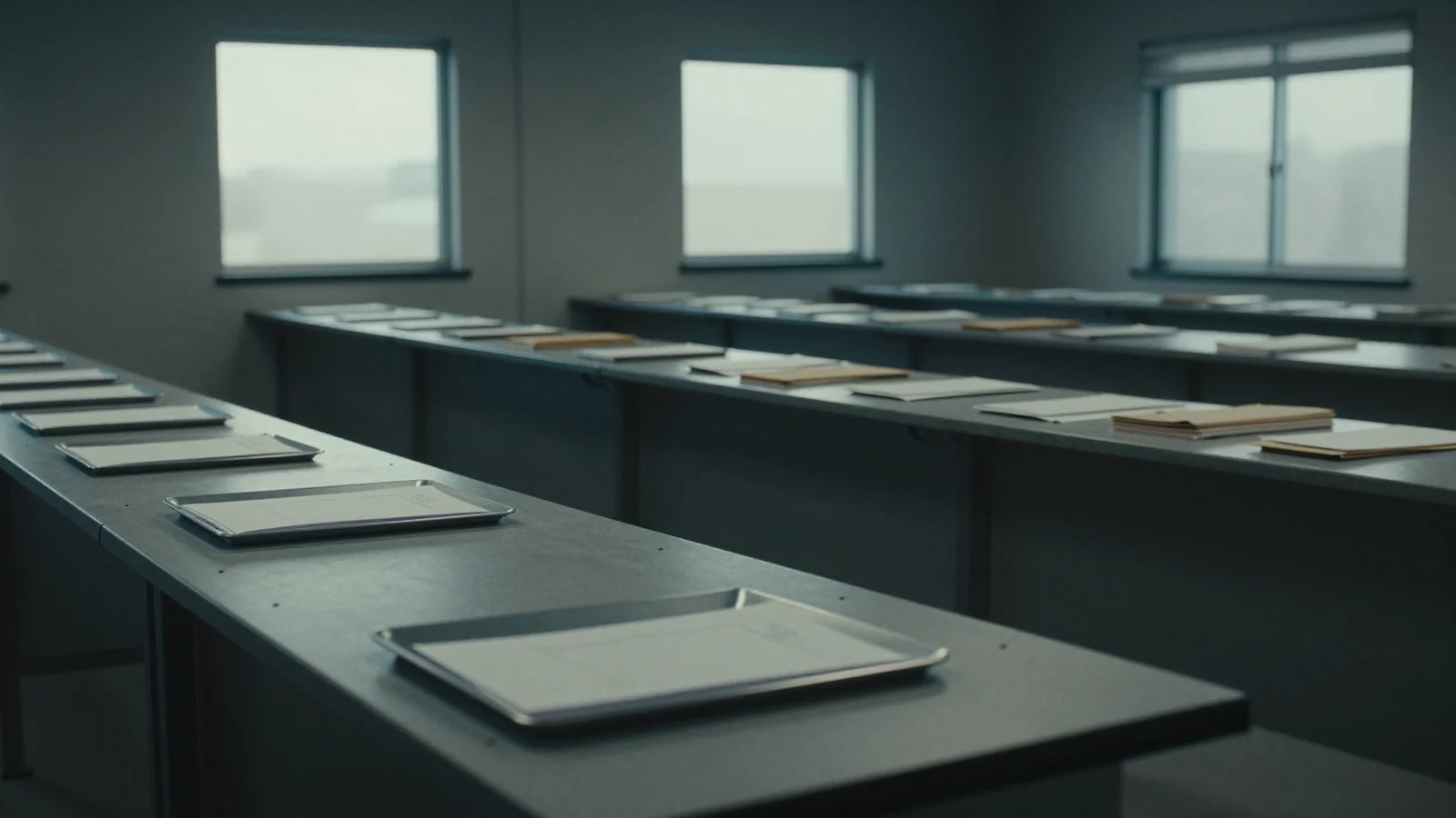 Plain envelopes rest in sorting trays on long grey worktables in an empty room.