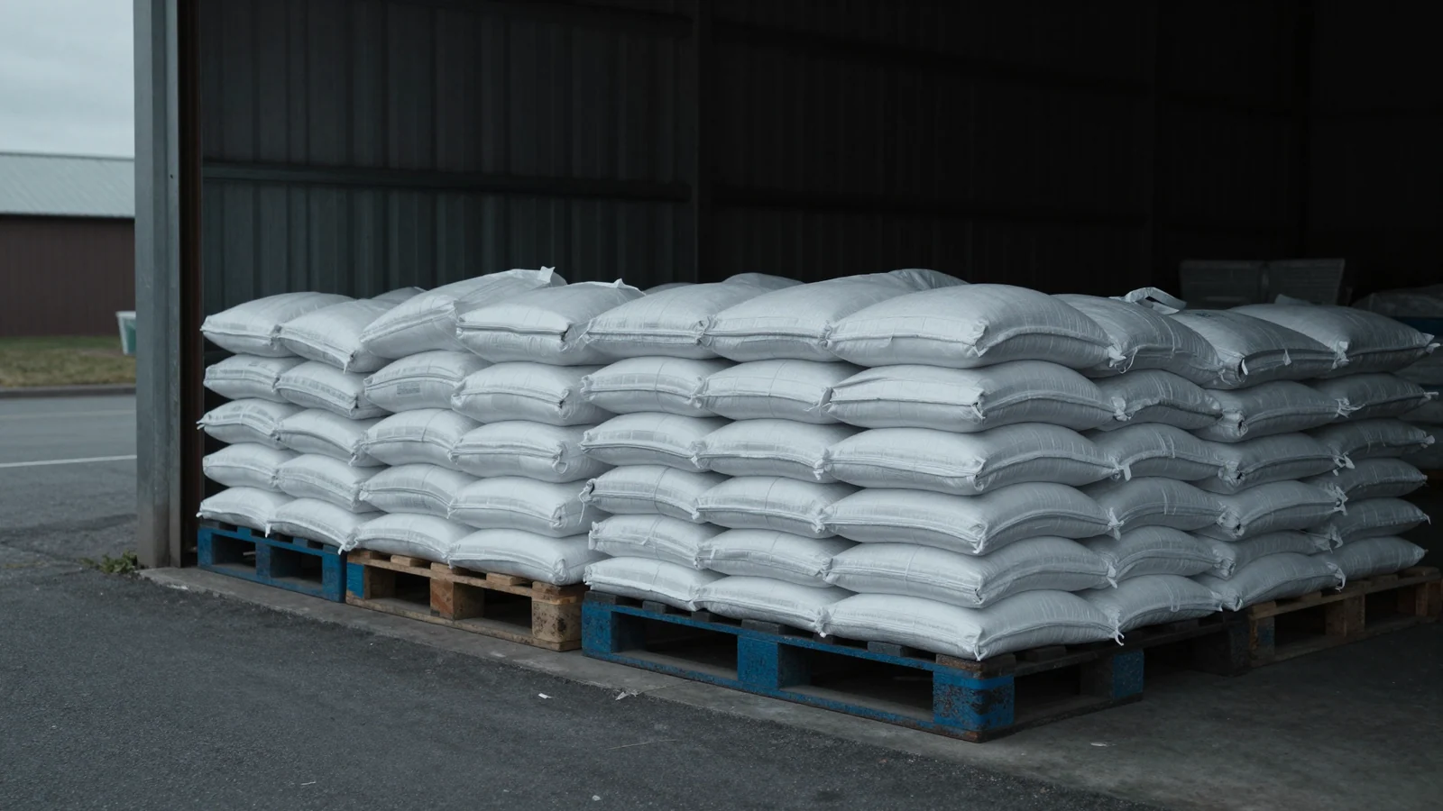 White woven sacks stacked on pallets inside an open warehouse bay.