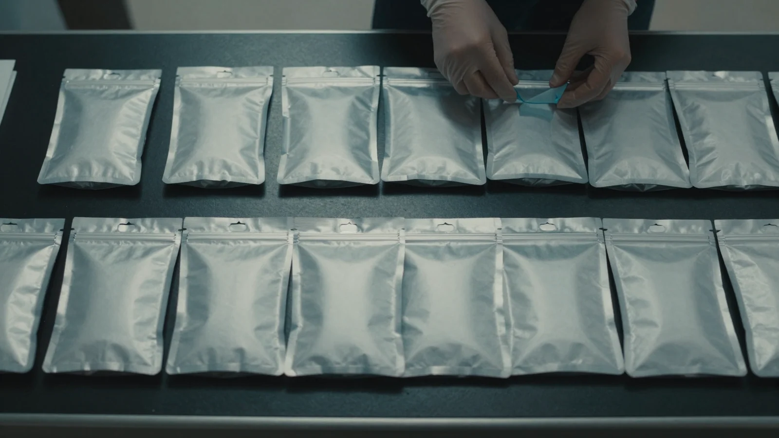 Gloved hands arrange rows of plain silver pouches on a steel examination table.