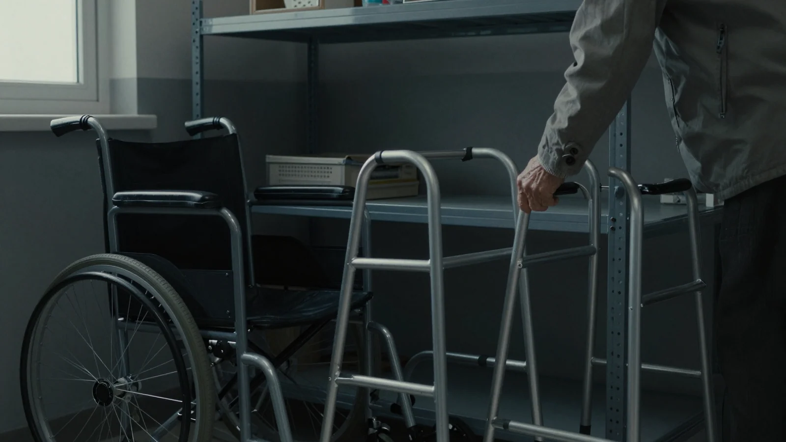 An anonymous hand holds a walking frame beside a wheelchair in a plain equipment room.
