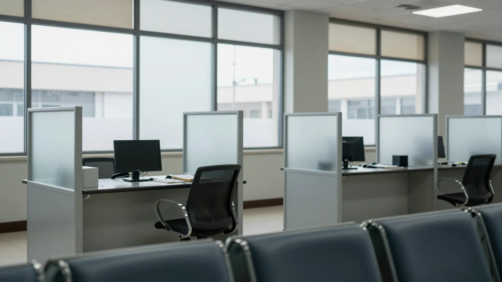 An empty consultation workspace with a desk, chair and frosted partitions in cool window light.