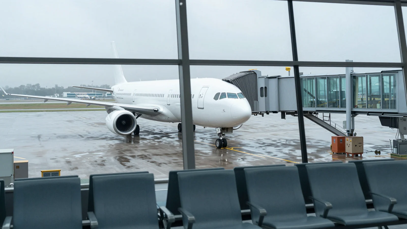 An unmarked passenger airplane at a jet bridge, viewed through terminal windows above empty seats.